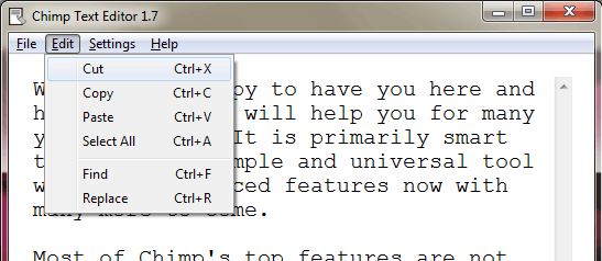 Chimp Edit menu